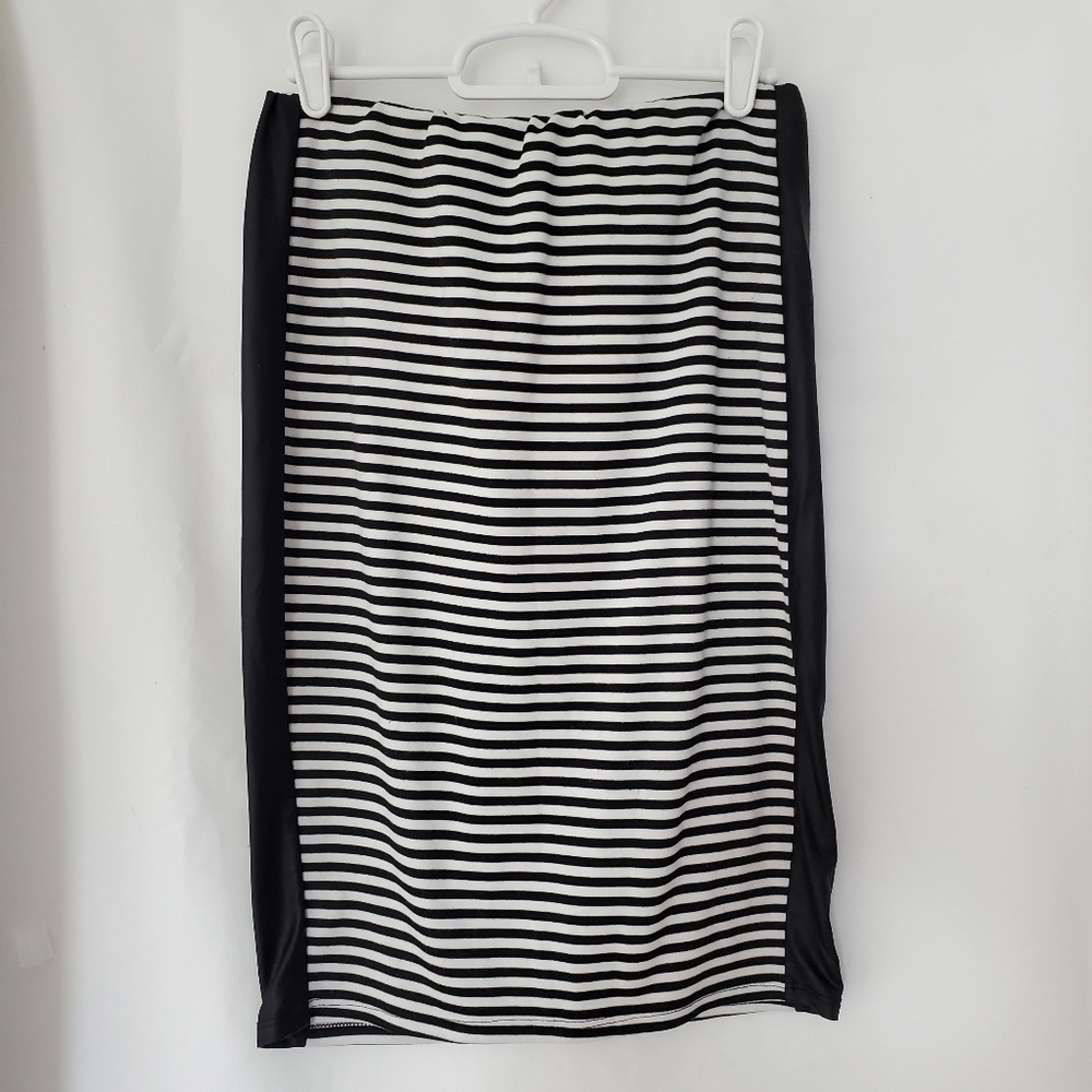 Womens Bongo Black White Striped Slip On Pencil Skirt Elastic Waistband Size M